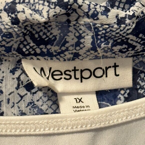 Westport blouse Sz 1X Blue/White Floral Snake Print Button-Up Shirt With Inner T - Picture 3 of 12